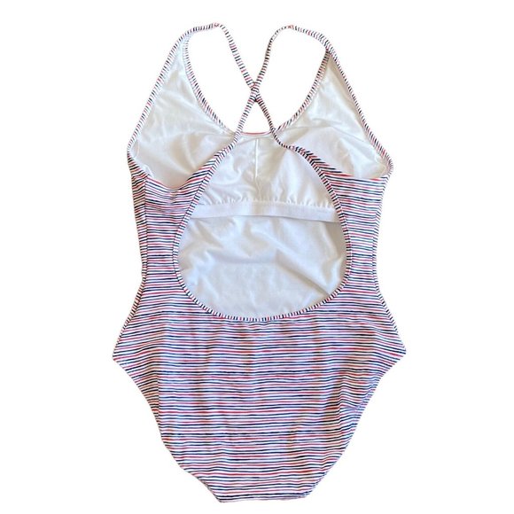 Gap Women's L One Piece Swimsuit Scoop Front Cross Back Stripe Red White Blue - Picture 2 of 9